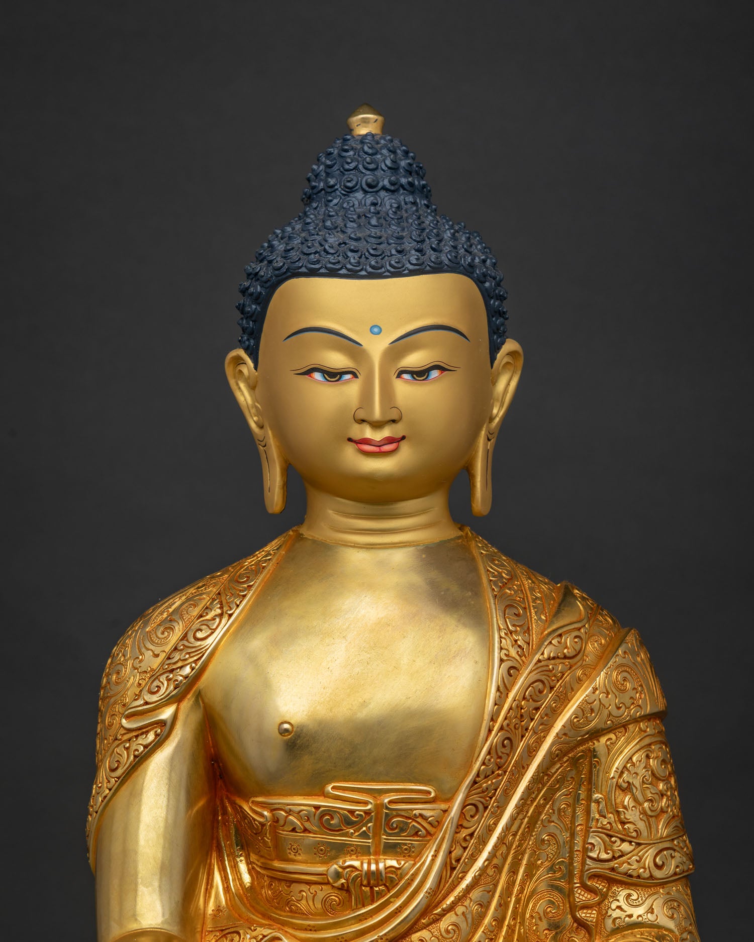 Shakyamuni Buddha Statue Close Up with Handcrafted Gold Fire Gilded Details