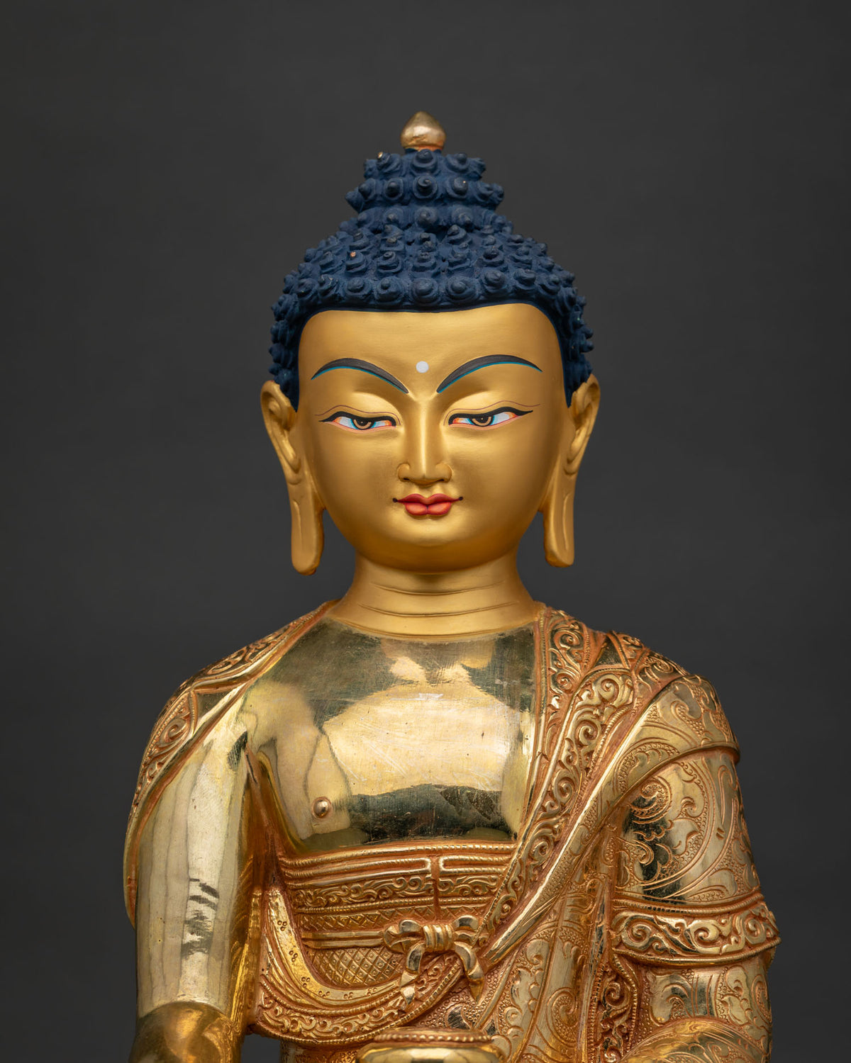 Shakyamuni Buddha Statue Closeup Gold Gilded Copper Bhumisparsha Mudra Detail