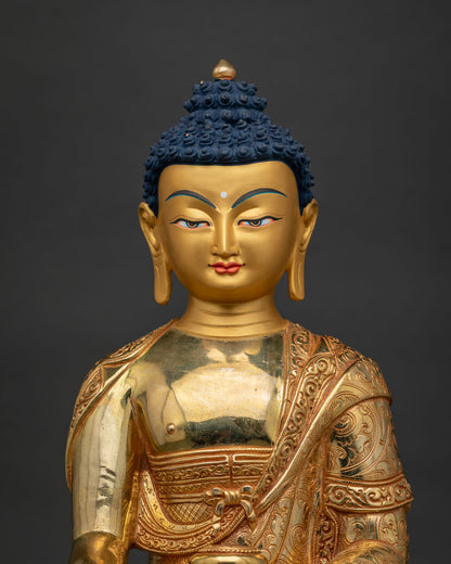 Shakyamuni Buddha Statue Closeup Gold Gilded Copper Bhumisparsha Mudra Detail