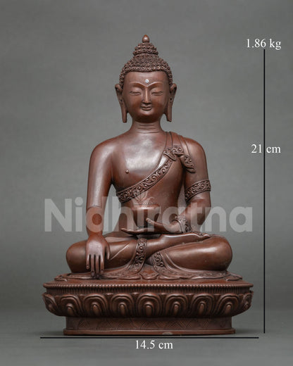 Shakyamuni Buddha statue made from copper with a chemically oxidized finish.