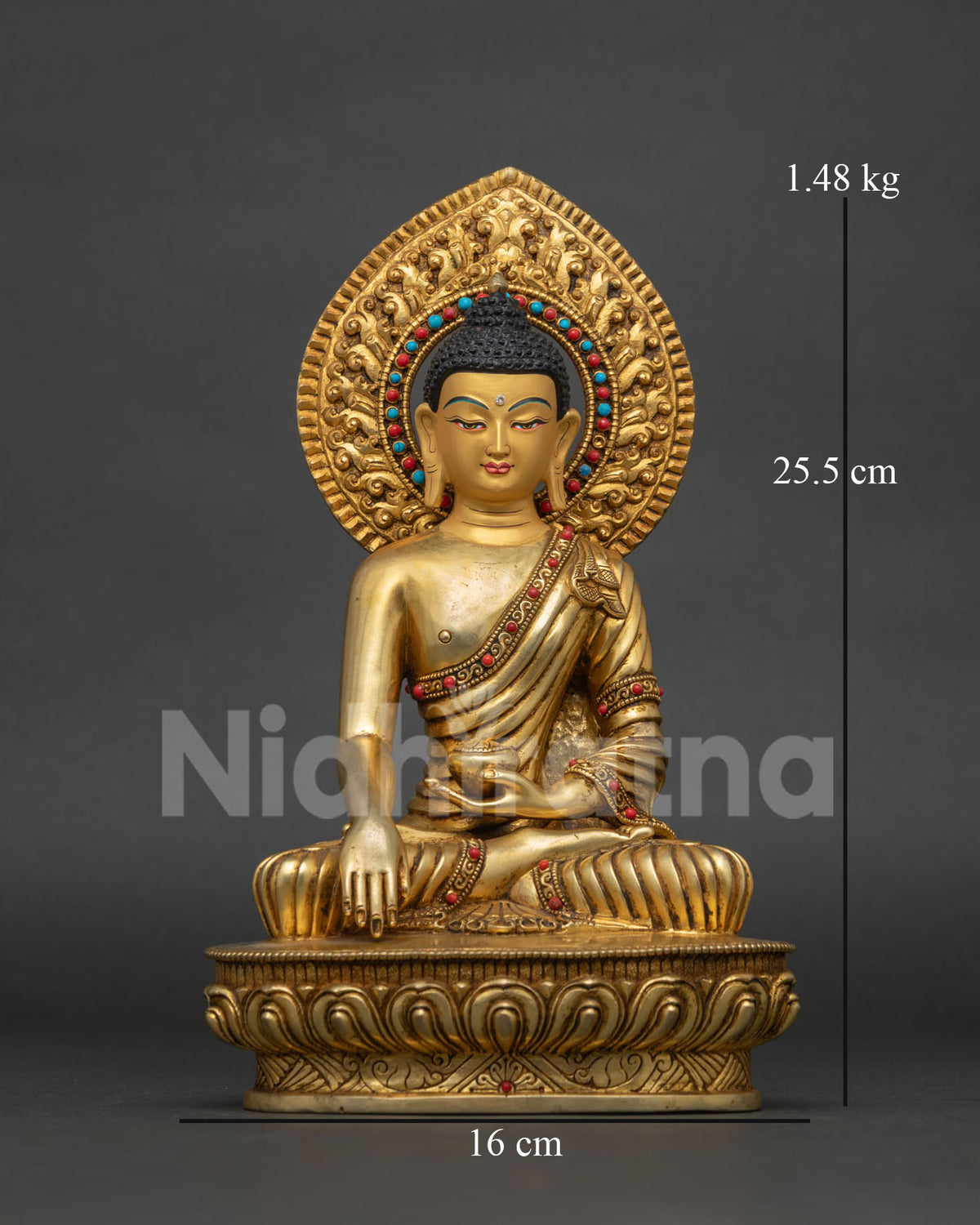 Shakyamuni Buddha statue in copper with gold fire gilded finish and handcarved lotus pedestal front view.