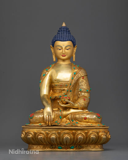 Shakyamuni Buddha Statue made from copper with gold fire gilding and semi precious stones in Nepal