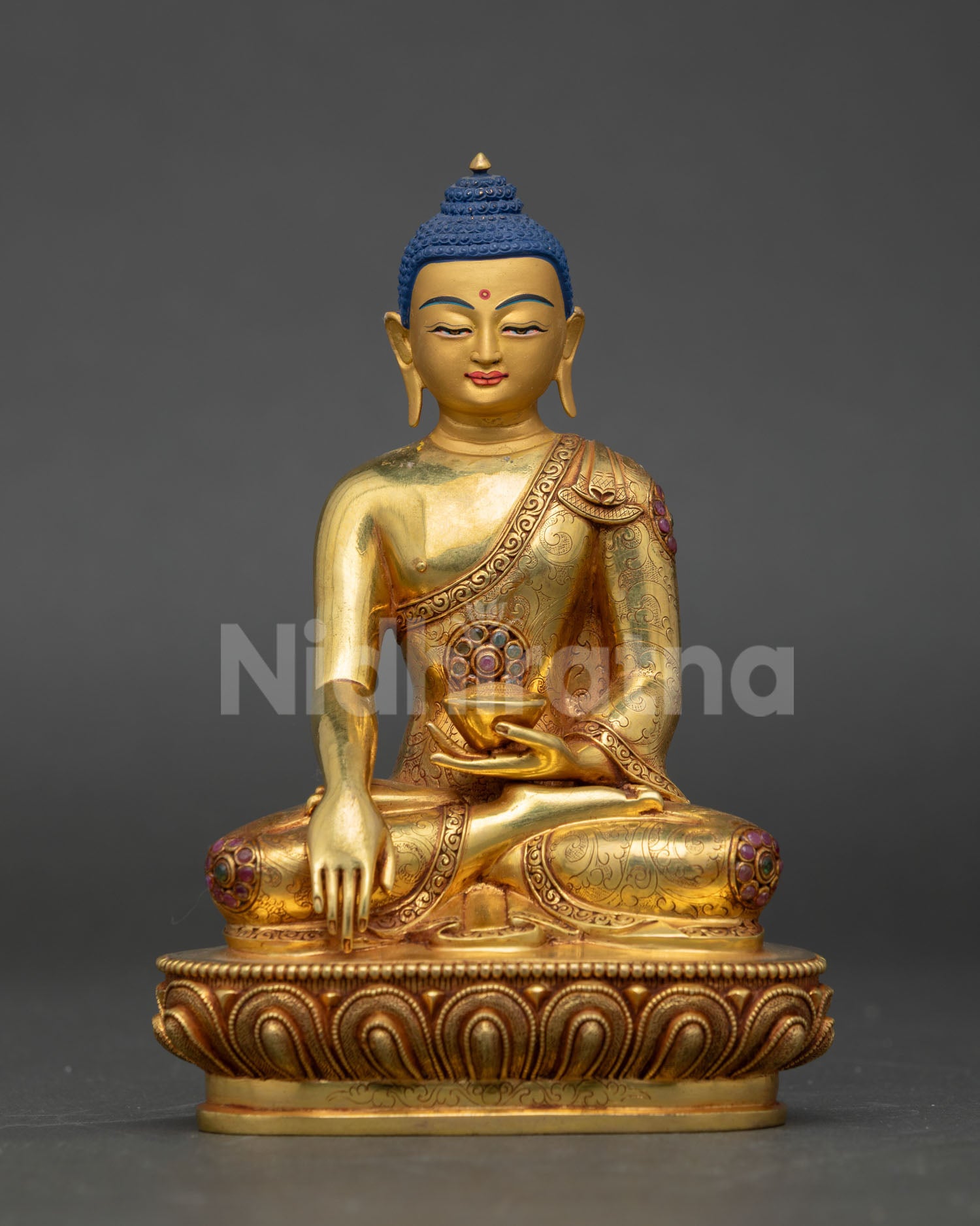 shakyamuni buddha statue copper gold gilded nepalese altar sculpture lotus seat front view