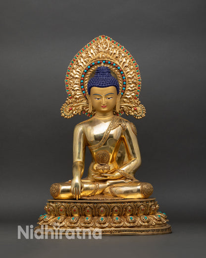 Shakyamuni Buddha statue copper lost-wax fire-gilded gold bhumisparsha Nepal altar