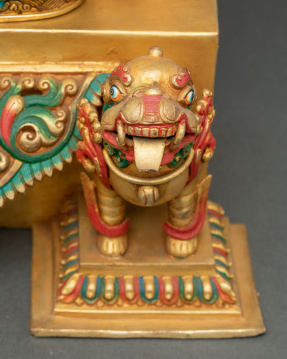 Shakyamuni Buddha statue detailed close-up of protective snow lions supporting lotus pedestal