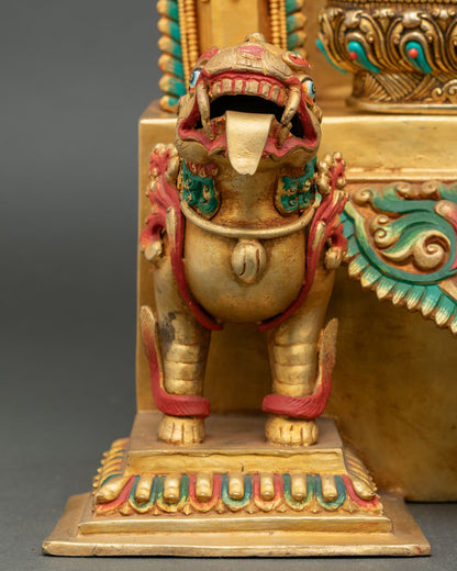 Shakyamuni Buddha statue detailed close-up of snow lions supporting lotus throne