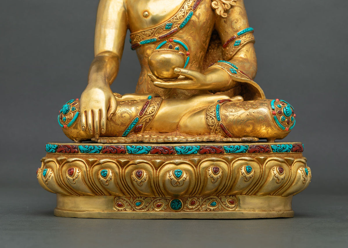 Shakyamuni Buddha statue earth-touching hand and double lotus pedestal in 24K gold gilded copper