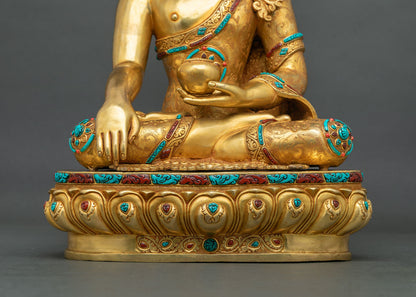 Shakyamuni Buddha statue earth-touching hand and double lotus pedestal in 24K gold gilded copper