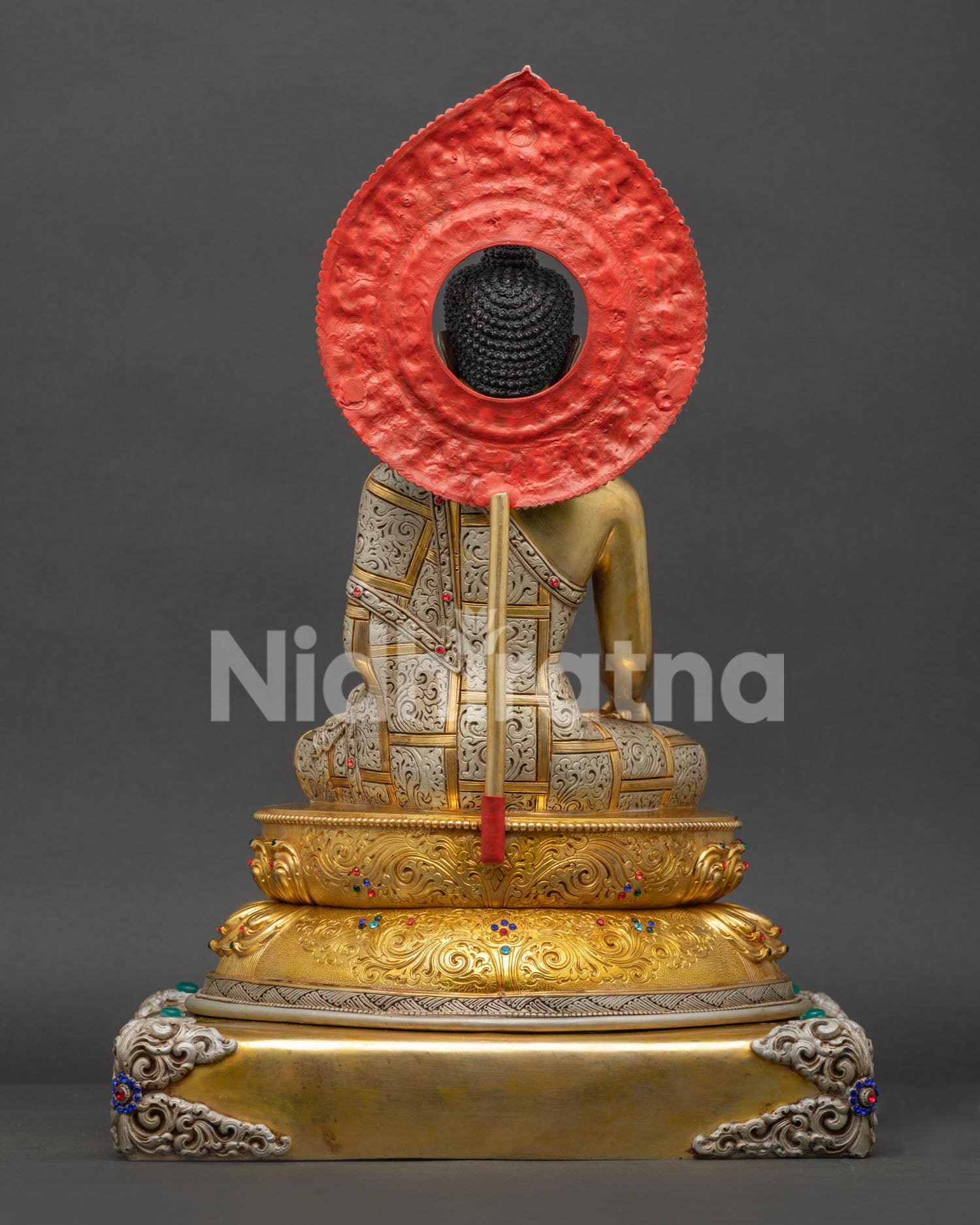 Shakyamuni Buddha Statue for Buddhist altar featuring ornate throne and traditional Newari craftsmanship