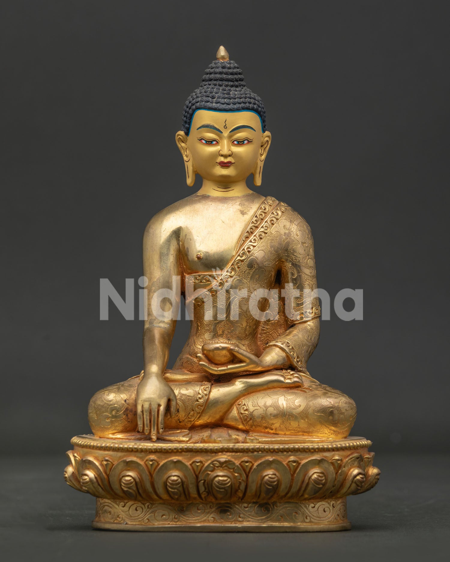 Shakyamuni buddha statue from nepal with gold fire gilded copper finish.