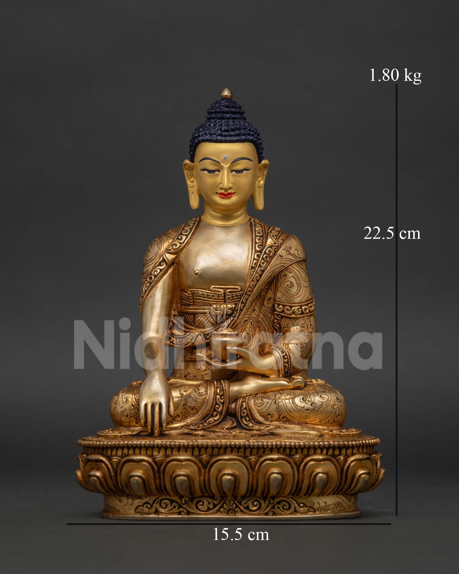 Shakyamuni Buddha statue from Nepal with gold fire gilding and Newari craftsmanship.