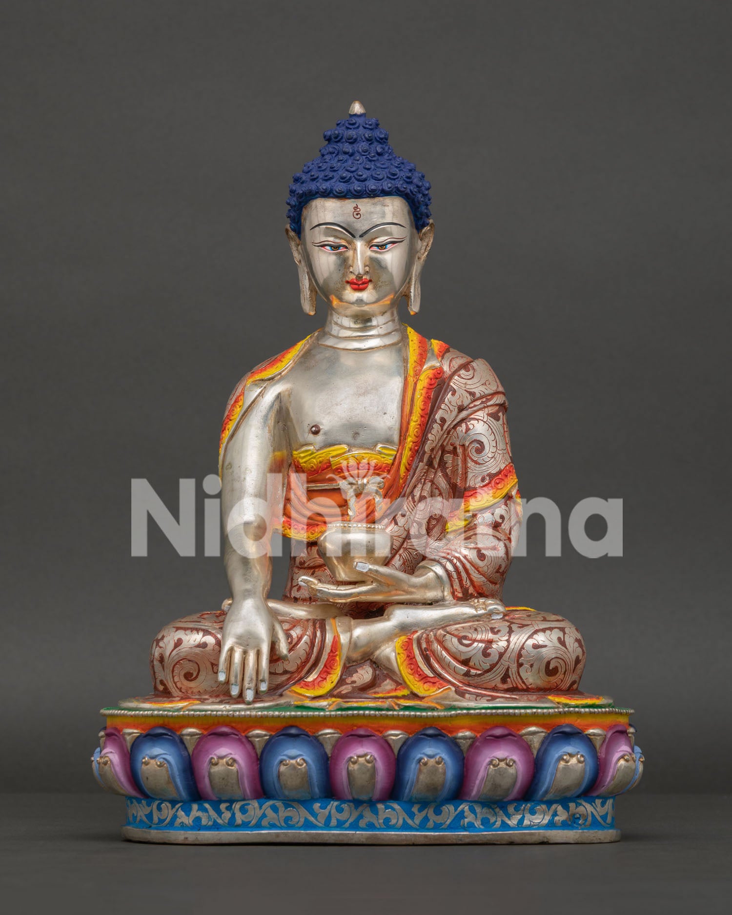 Shakyamuni Buddha statue from Patan, Nepal with silver plated body and acrylic details