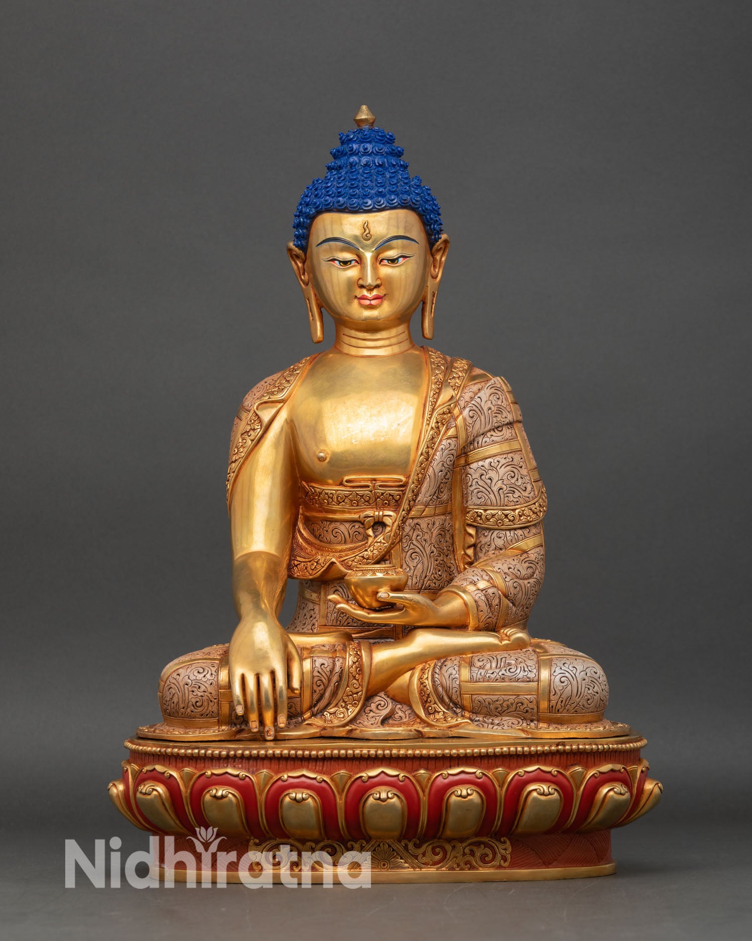 Shakyamuni buddha statue front view, 24k gold fire-gilded copper for meditation