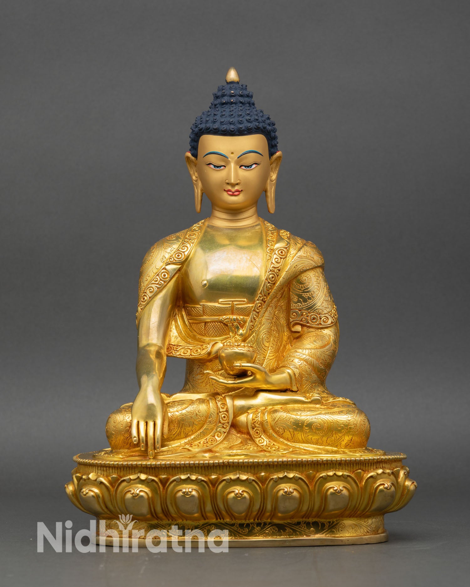 shakyamuni buddha statue front view, 24k gold fire gilded copper seated on lotus pedestal