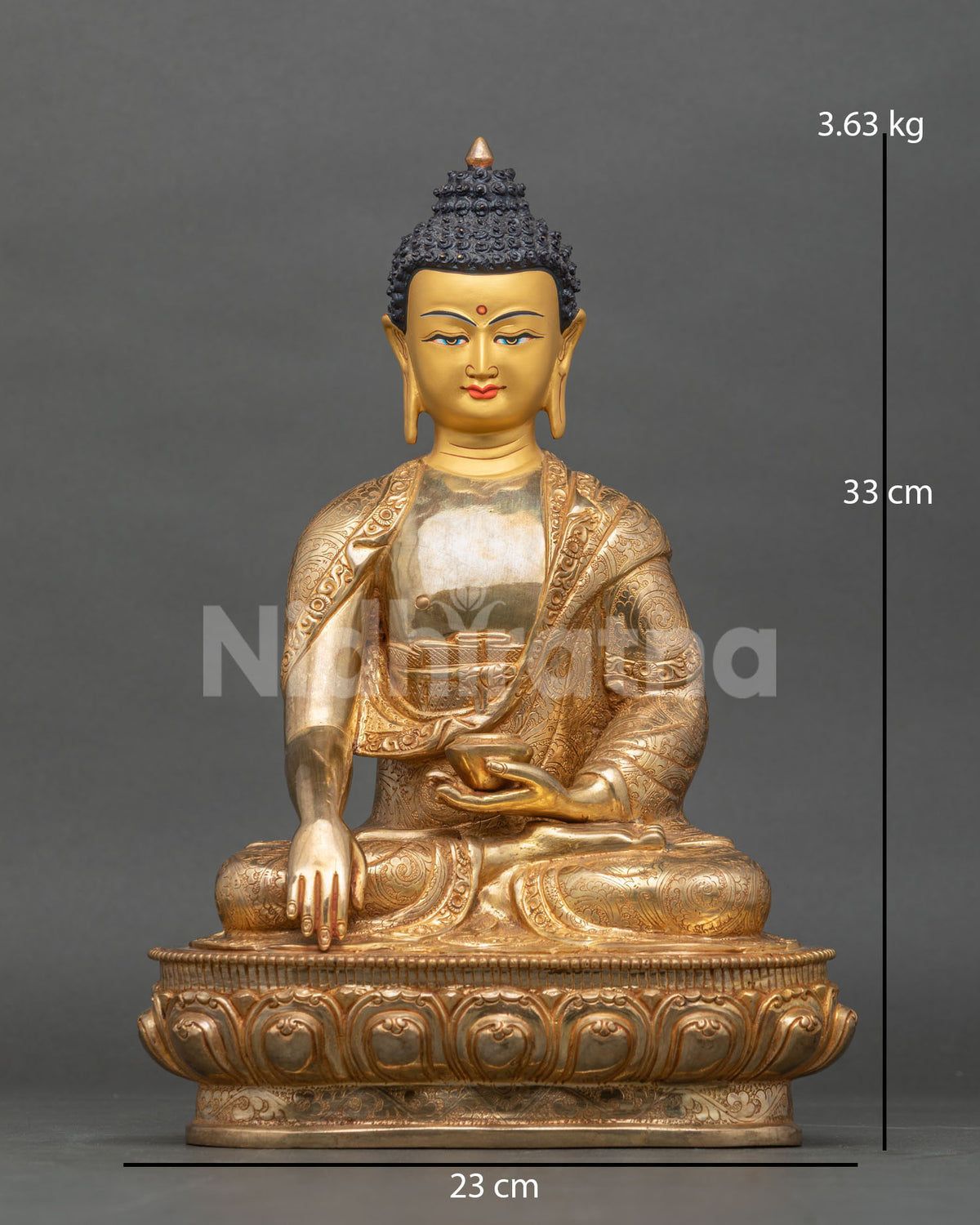 Shakyamuni Buddha statue front view 24k gold fire gilded copper.
