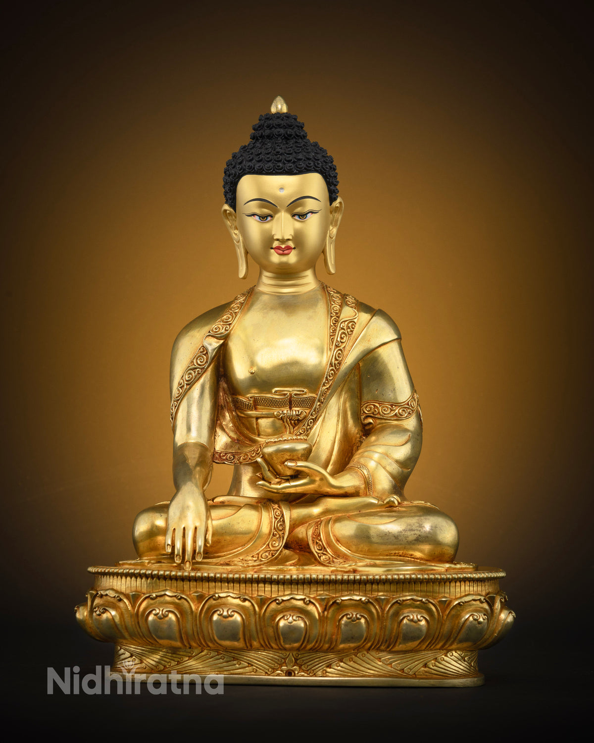 Shakyamuni Buddha statue front view, 24K gold gilded copper, handmade in Nepal