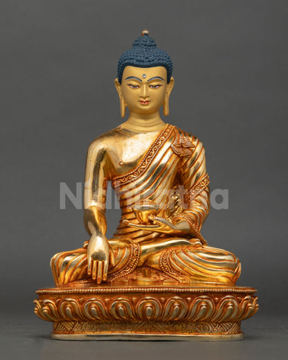 shakyamuni buddha statue front view, copper lotus seat, gold gilded nepal buddhist art