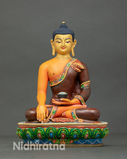 Shakyamuni Buddha statue, front view, gold painted face, Bhumisparsha mudra, lotus pedestal, Nepal artisan Buddhist art