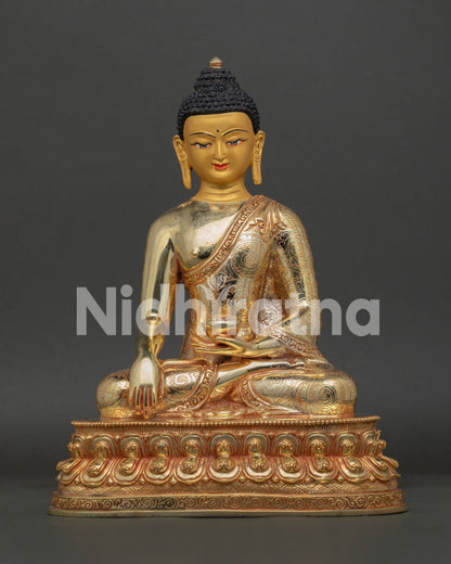 Shakyamuni Buddha Statue Front View Gold Fire Gilded Copper with Gold Painted Face.