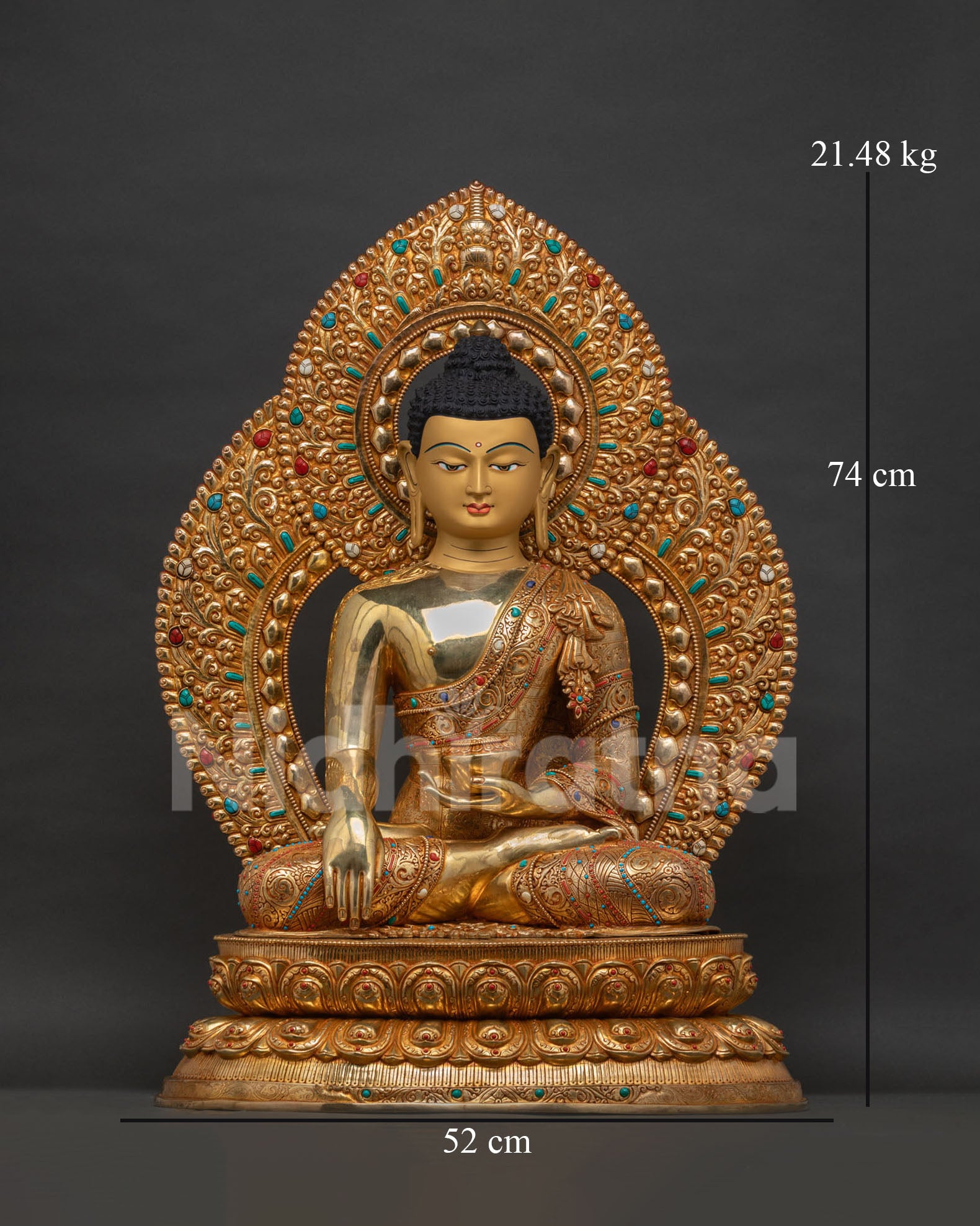Shakyamuni Buddha Statue front view, gold-gilded copper, Bhumisparsha Mudra pose
