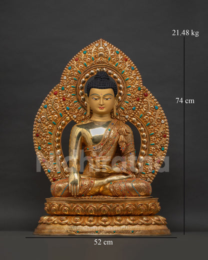 Shakyamuni Buddha Statue front view, gold-gilded copper, Bhumisparsha Mudra pose