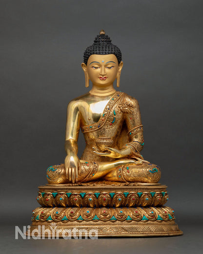 shakyamuni buddha statue front view, gold gilded copper buddhist sculpture nepal