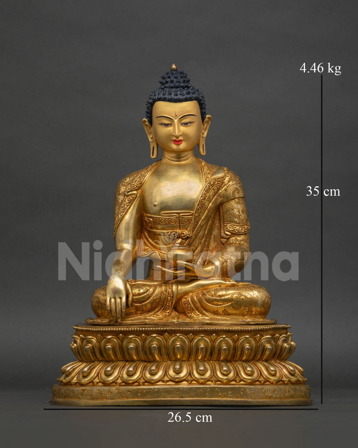 Shakyamuni Buddha statue front view, gold-gilded copper sculpture handcrafted in Nepal