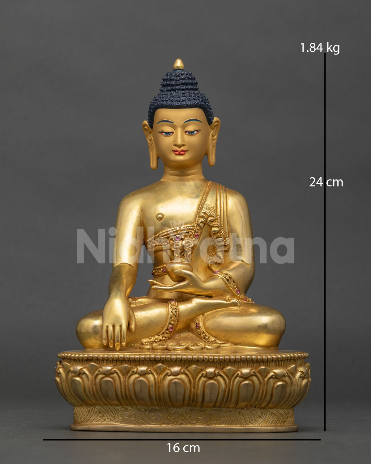 Shakyamuni Buddha statue front view – gold-gilded copper sculpture in Bhumisparsa mudra