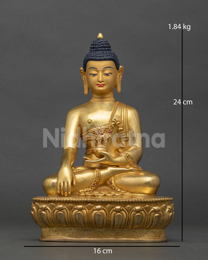 Shakyamuni Buddha statue front view – gold-gilded copper sculpture in Bhumisparsa mudra