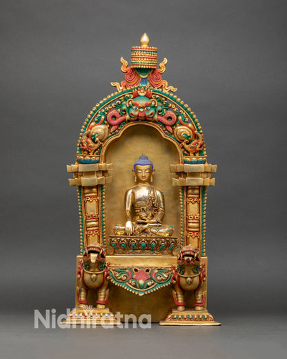 Shakyamuni Buddha statue front view with gold gilded lotus throne and snow lions