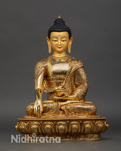 Shakyamuni Buddha statue front view, gold gilded Nepalese handcrafted sculpture