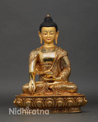 Shakyamuni Buddha Statue front view, gold gilded Nepalese meditation sculpture