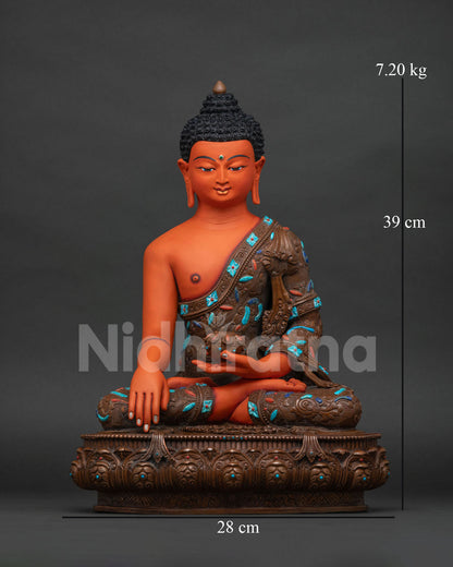 Shakyamuni Buddha statue front view, hand-painted in Bhumisparsha Mudra on carved lotus pedestal