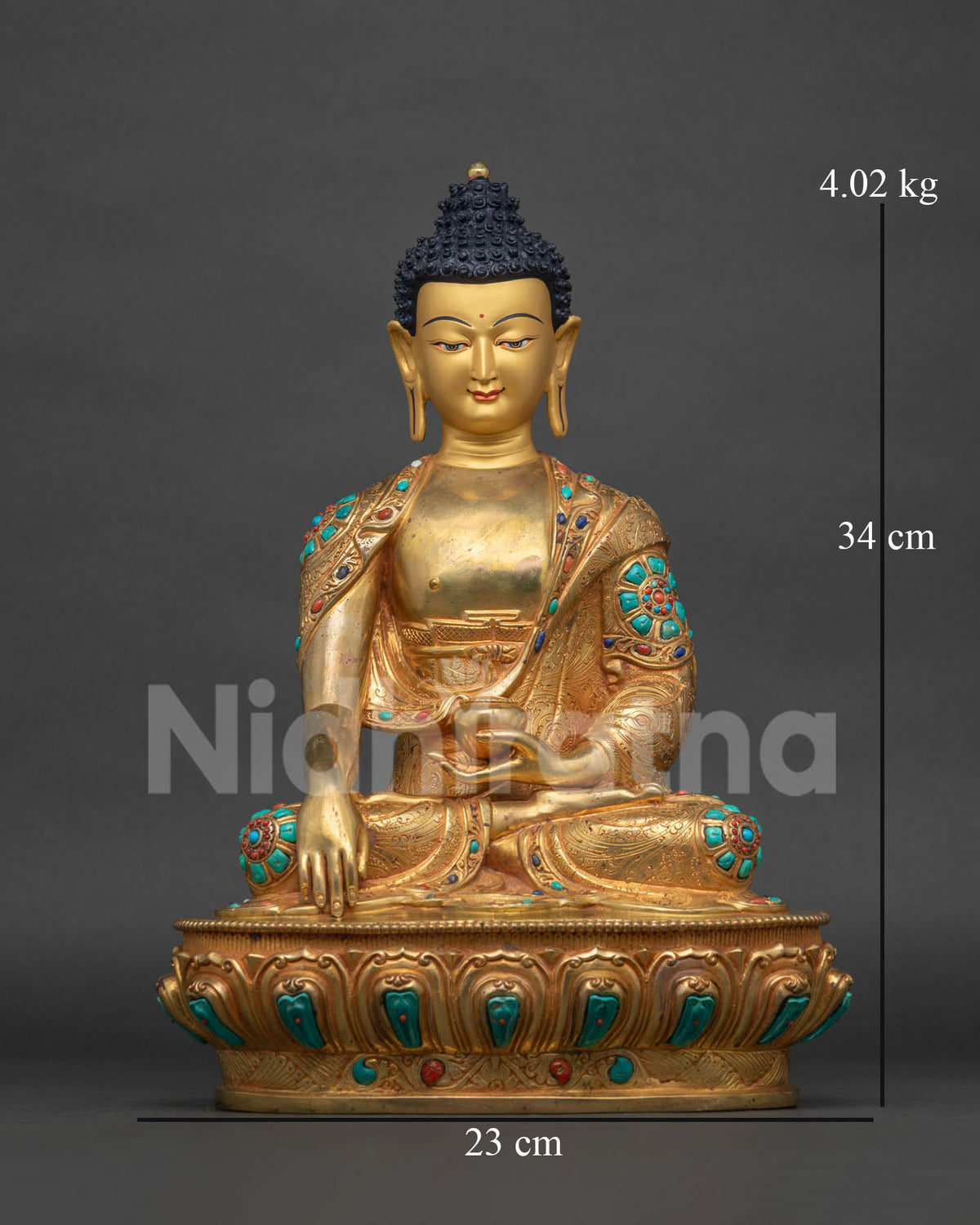 Shakyamuni Buddha statue front view, handcrafted 24K gold fire-gilded copper sculpture from Nepal