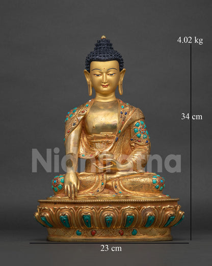 Shakyamuni Buddha statue front view, handcrafted 24K gold fire-gilded copper sculpture from Nepal