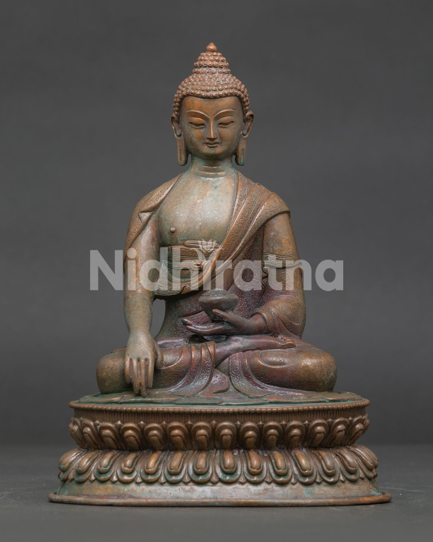 Shakyamuni Buddha statue front view handcrafted by Newari artisans in Patan Nepal.