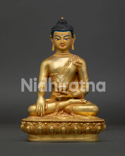 Shakyamuni Buddha statue front view handcrafted copper gold gilded with gold painted face.