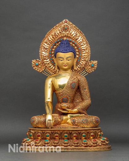 Shakyamuni Buddha statue front view, handcrafted Nepalese copper with 24K gold gilding