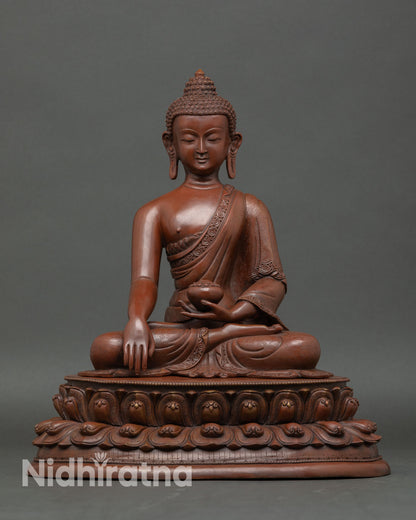 Shakyamuni Buddha statue front view handmade copper sculpture from Nepal with chemically oxidized finish and serene meditation posture.