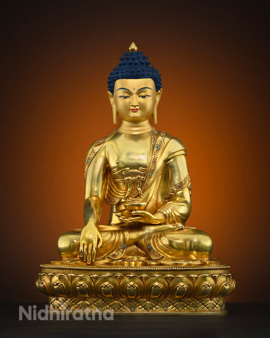 Shakyamuni Buddha statue front view - handmade copper statue with 24K gold gilding, Nepal