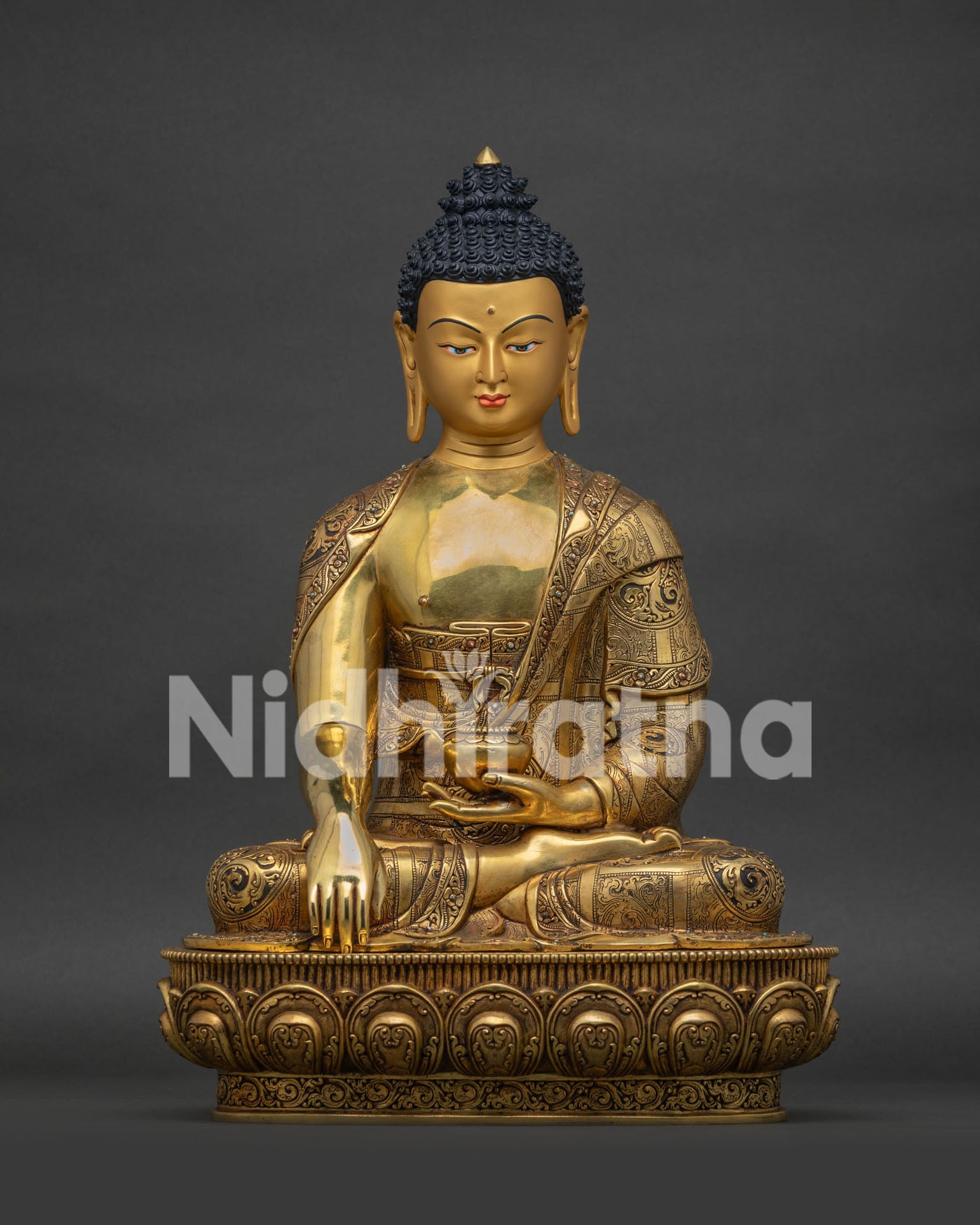 Shakyamuni Buddha statue front view in 24K gold gilded copper