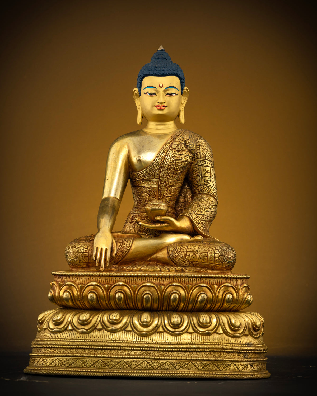 Shakyamuni Buddha Statue front view in Bhumisparsha Mudra, gold gilded copper sculpture