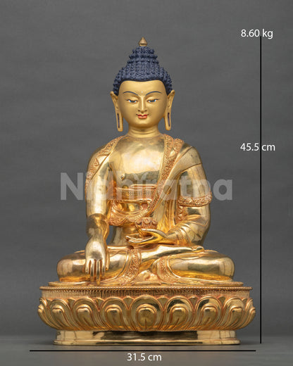 Shakyamuni Buddha statue front view in gold-gilded copper on lotus base with size reference