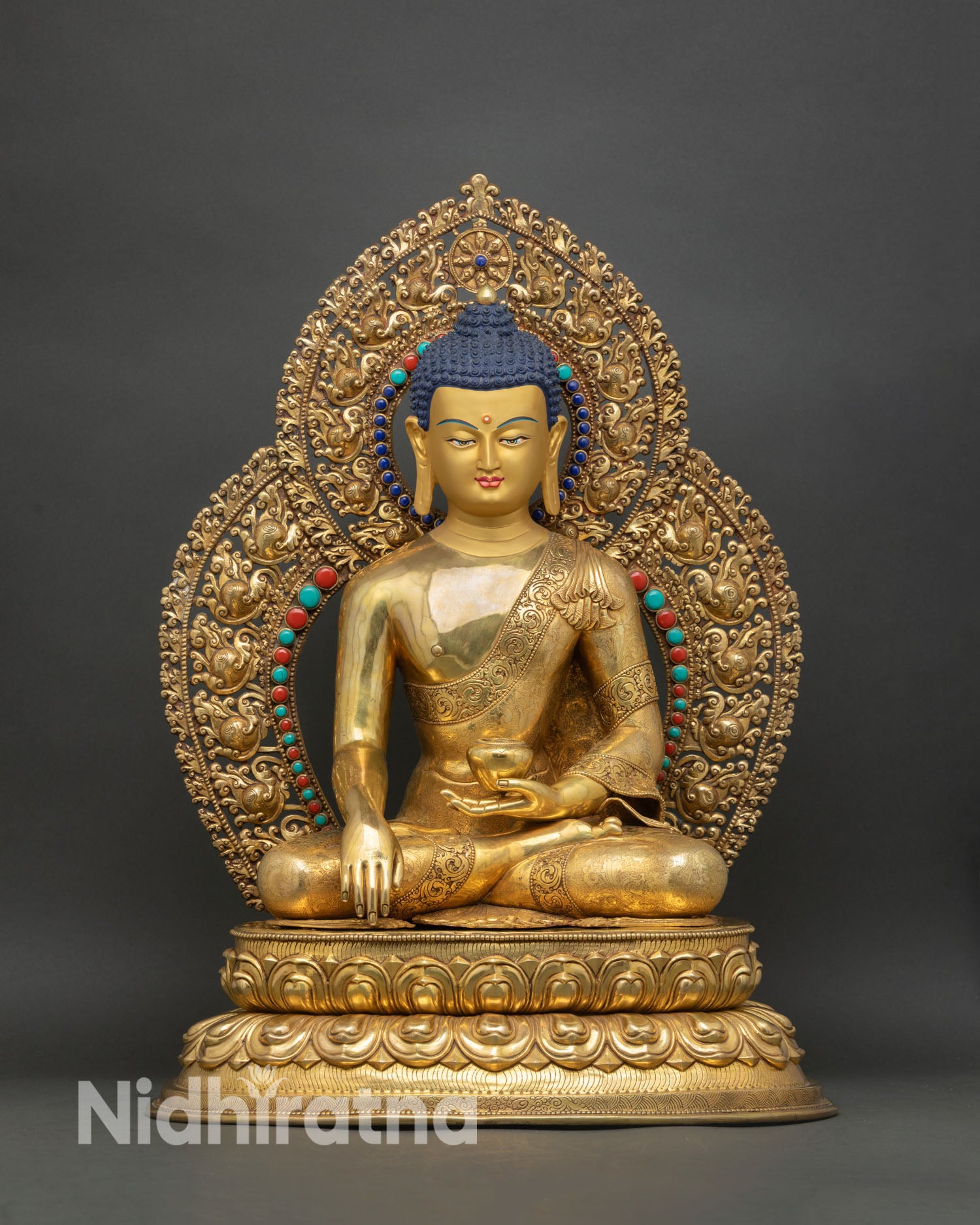 Front view Shakyamuni Buddha statue, Nepalese handcrafted copper sculpture with 24K gold fire gilding, lotus throne detail