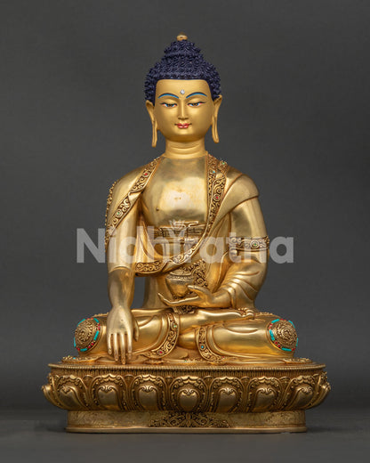 Shakyamuni Buddha Statue front view with 24K gold gilded copper body