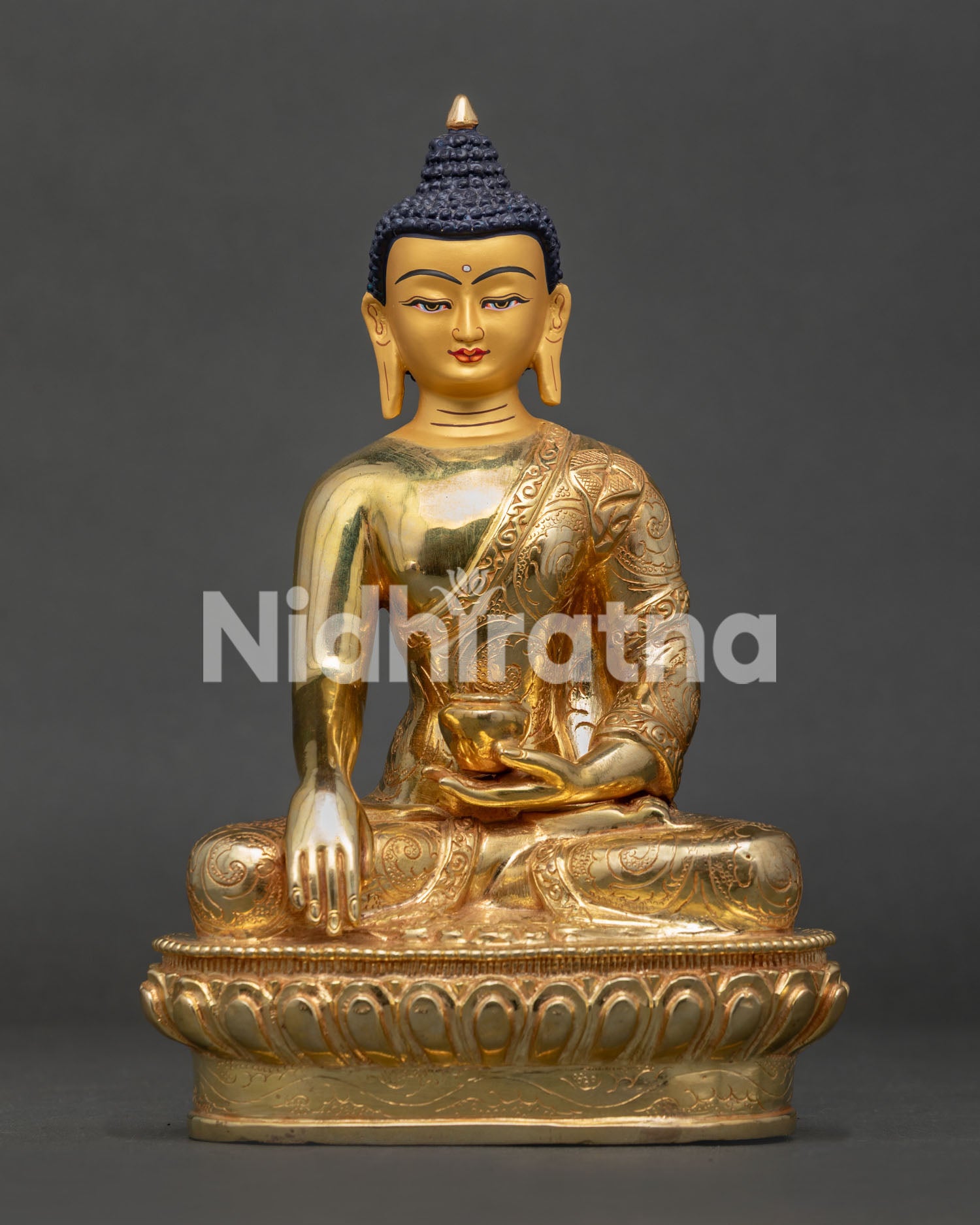Shakyamuni Buddha Statue front view with gold fire gilded copper and lotus pedestal