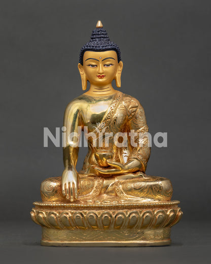 Shakyamuni Buddha Statue front view with gold fire gilded copper and lotus pedestal