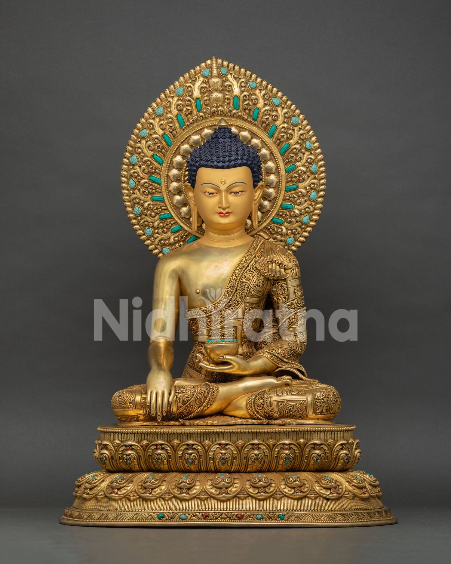 Shakyamuni Buddha statue front view with ornate gold halo, copper alloy, Patan Nepal