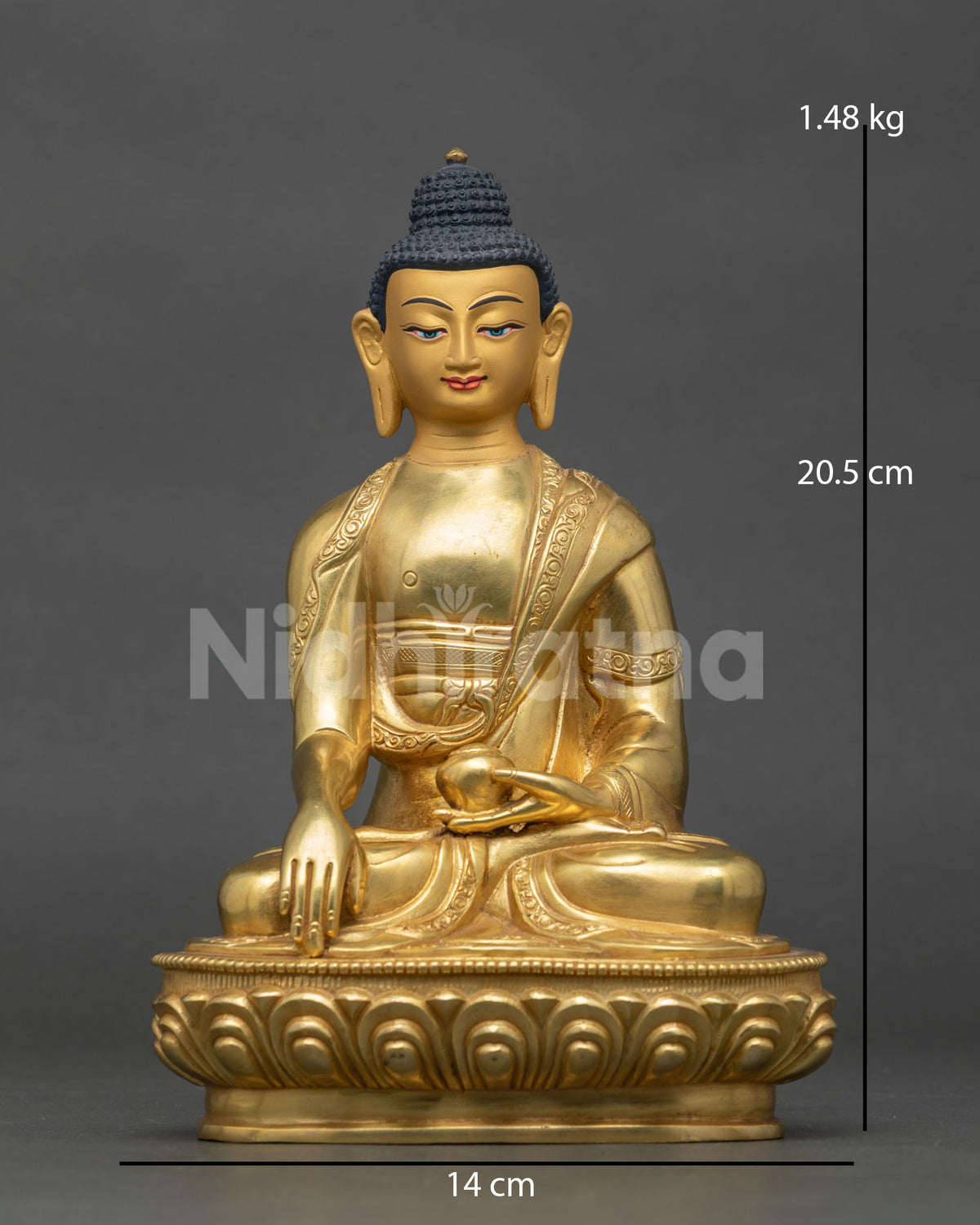 Shakyamuni Buddha statue gold fire gilded copper 24K gold painted face Nepal.