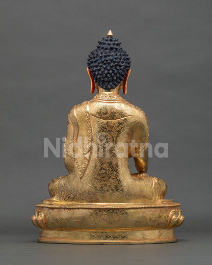 Shakyamuni Buddha statue gold fire gilded copper back view.